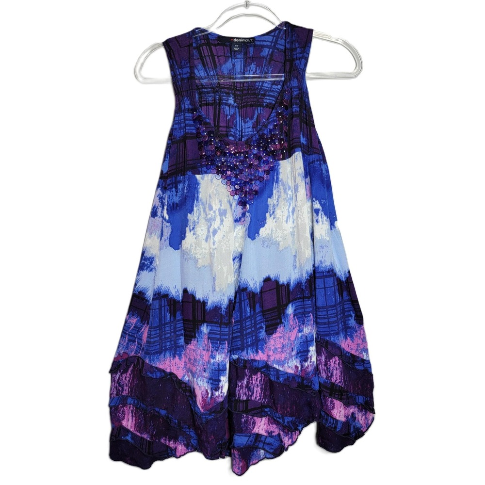 Denim‎ 24/7 Womens 16W Blue Purple BeadedTiered Ruffle Tunic Tank Boho Lagenlook